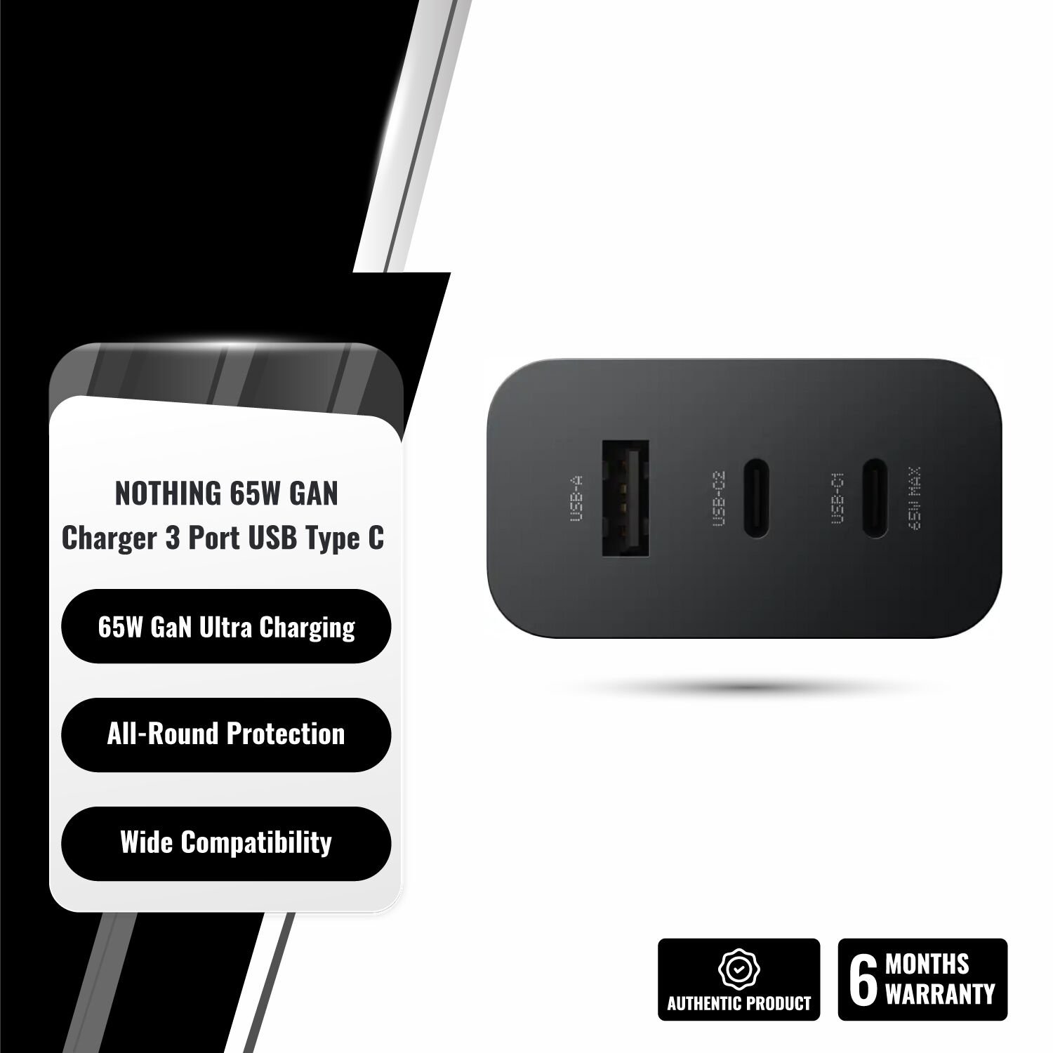 CMF by Nothing Gan Charger 65W Adapter, 3 Port USB Type C to A Wall Charging